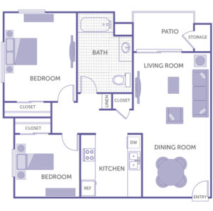 2 bed 1 bath floor plan, kitchen, dining room, living room, patio and storage, 3 closets, 1 linen closet